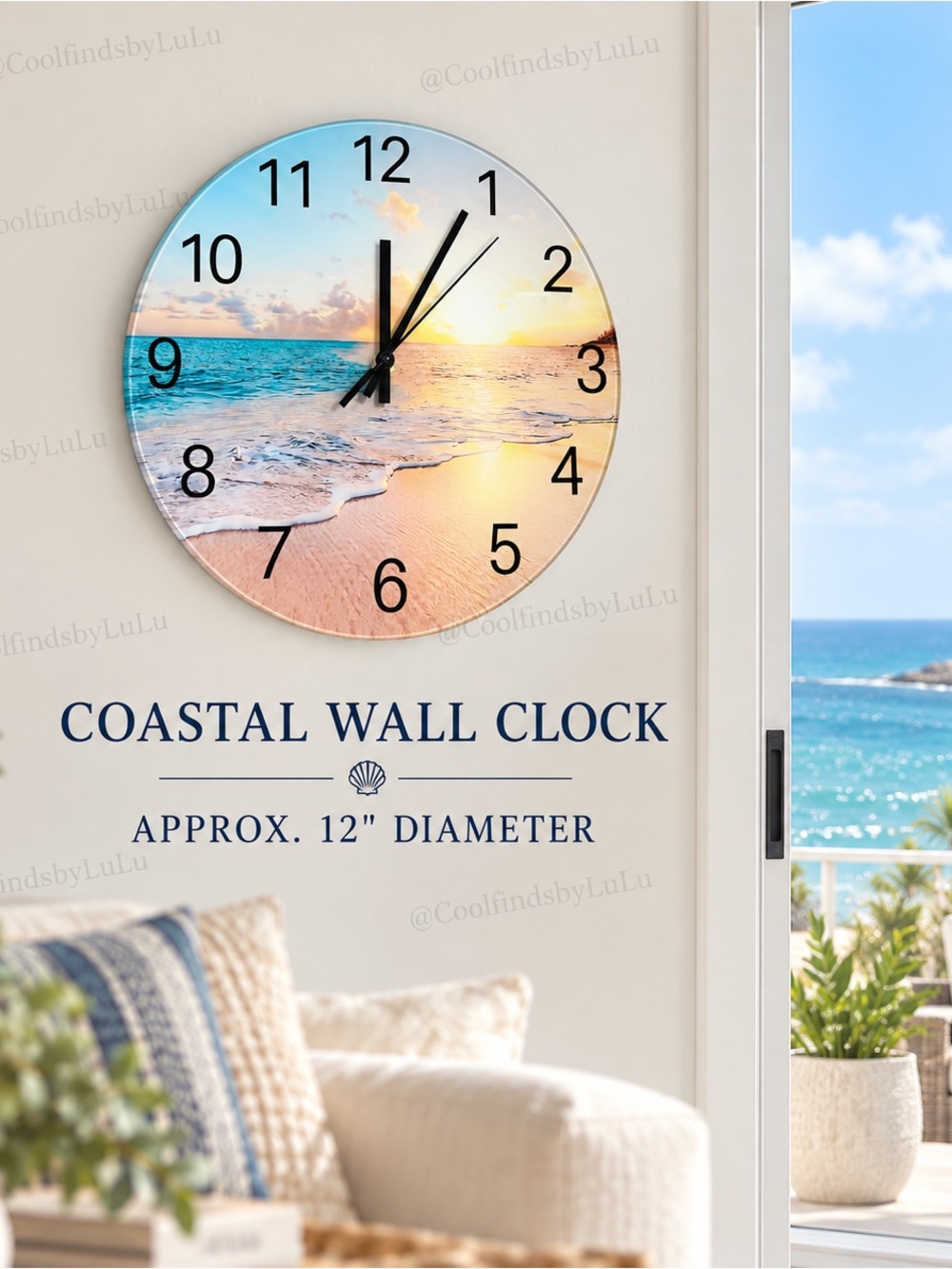 Coastal Beach Scene Wall Clock in Blue and Peach